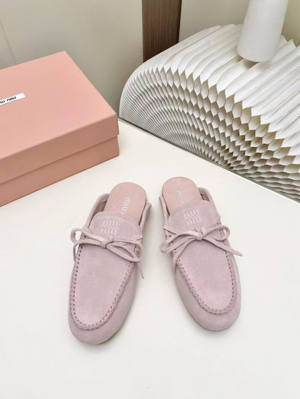 Miu Miu Light Pink Suede Bow Slip-On Loafer Mule Flat Slides